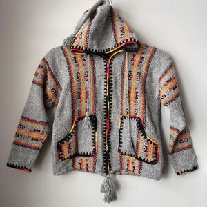 Andean Wool Jacket Men Small Medium Unisex Gray‎ Hooded Full Zip Baja Tassels